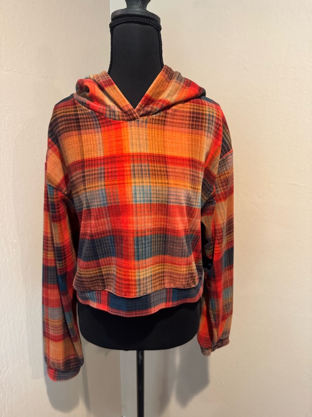 Topshop Plaid Hooded Crop in Rust and Burnt Orange